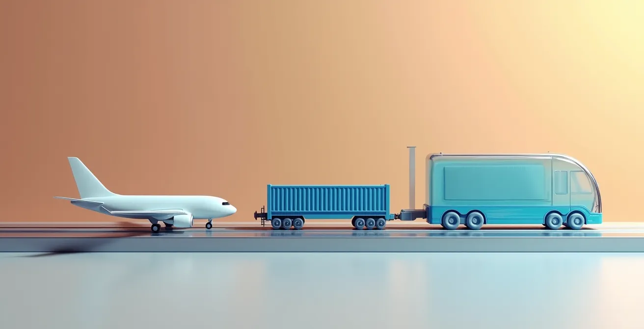 Diagramme comparatif montrant les modes de transport (avion, bateau, train) avec caractéristiques de vitesse, coût et risque