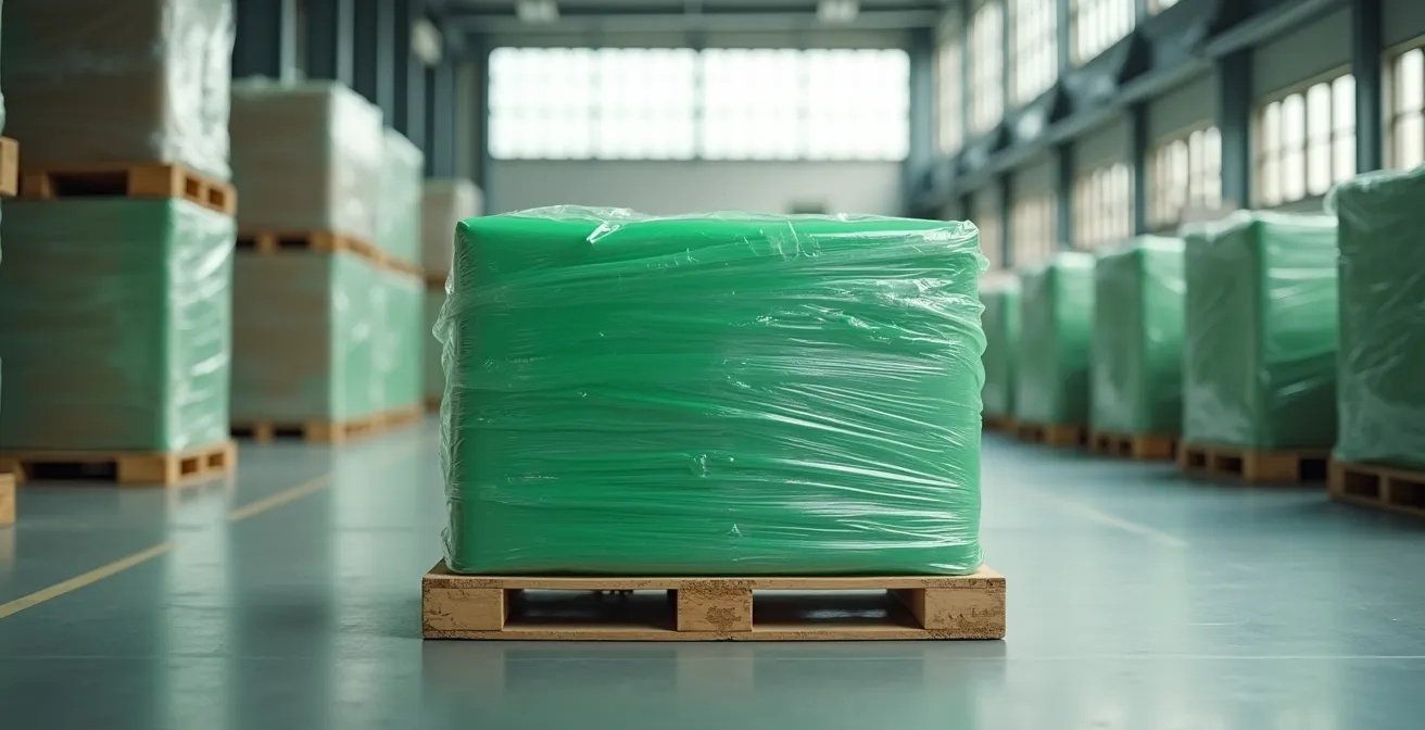 Palette emballée avec un film étirable écologique dans un entrepôt moderne