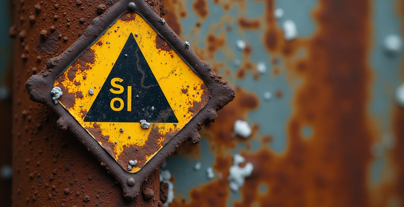 Détail macro d'une étiquette de danger partiellement décollée sur un conteneur maritime usé