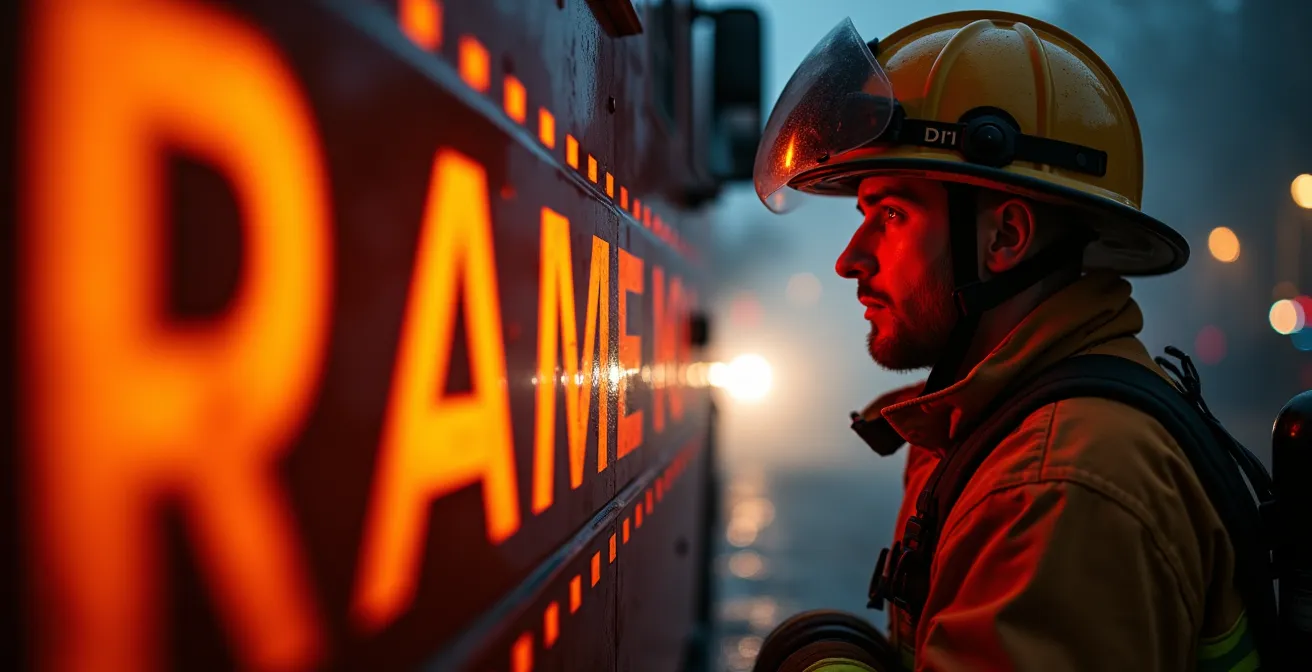 Pompier analysant une plaque orange sur un camion-citerne accidenté