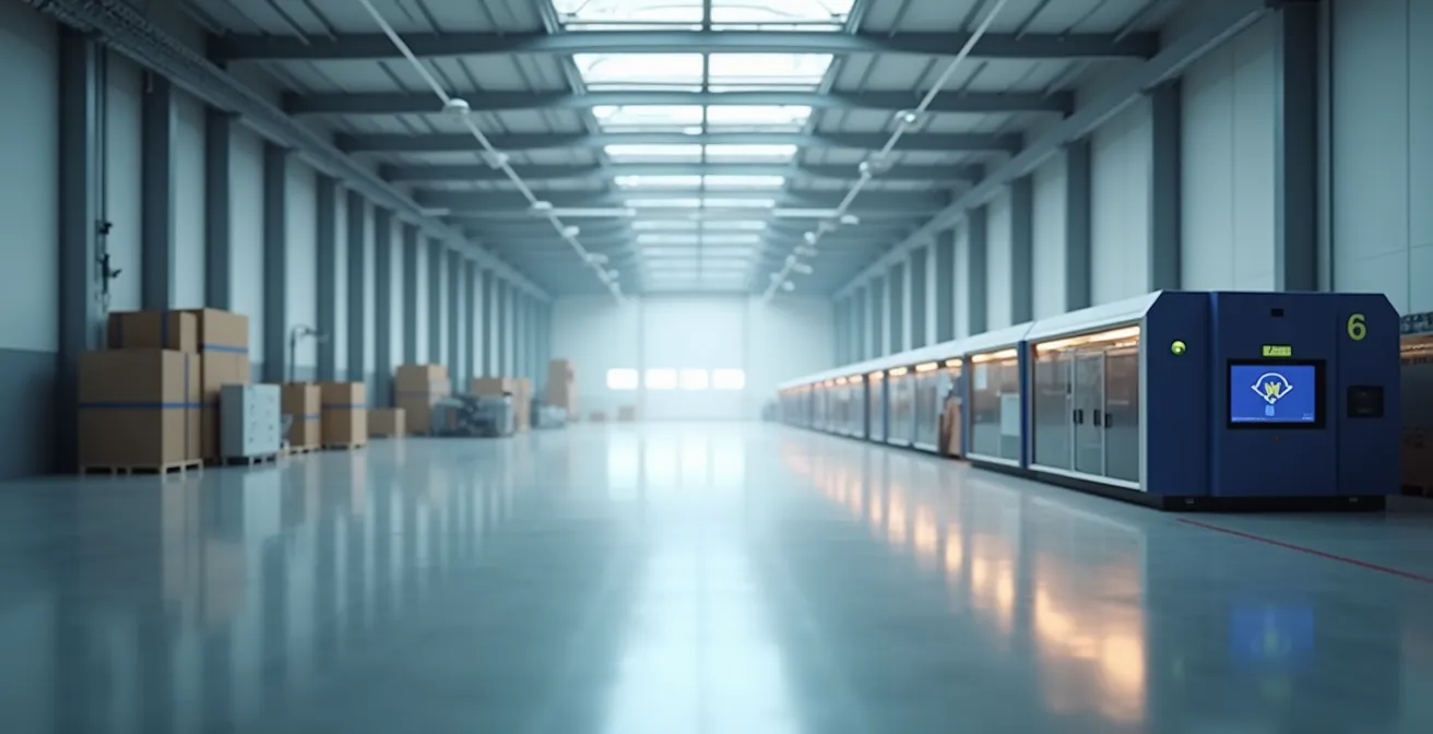 Vue minimaliste d'un entrepôt moderne avec système de traçage numérique intégré