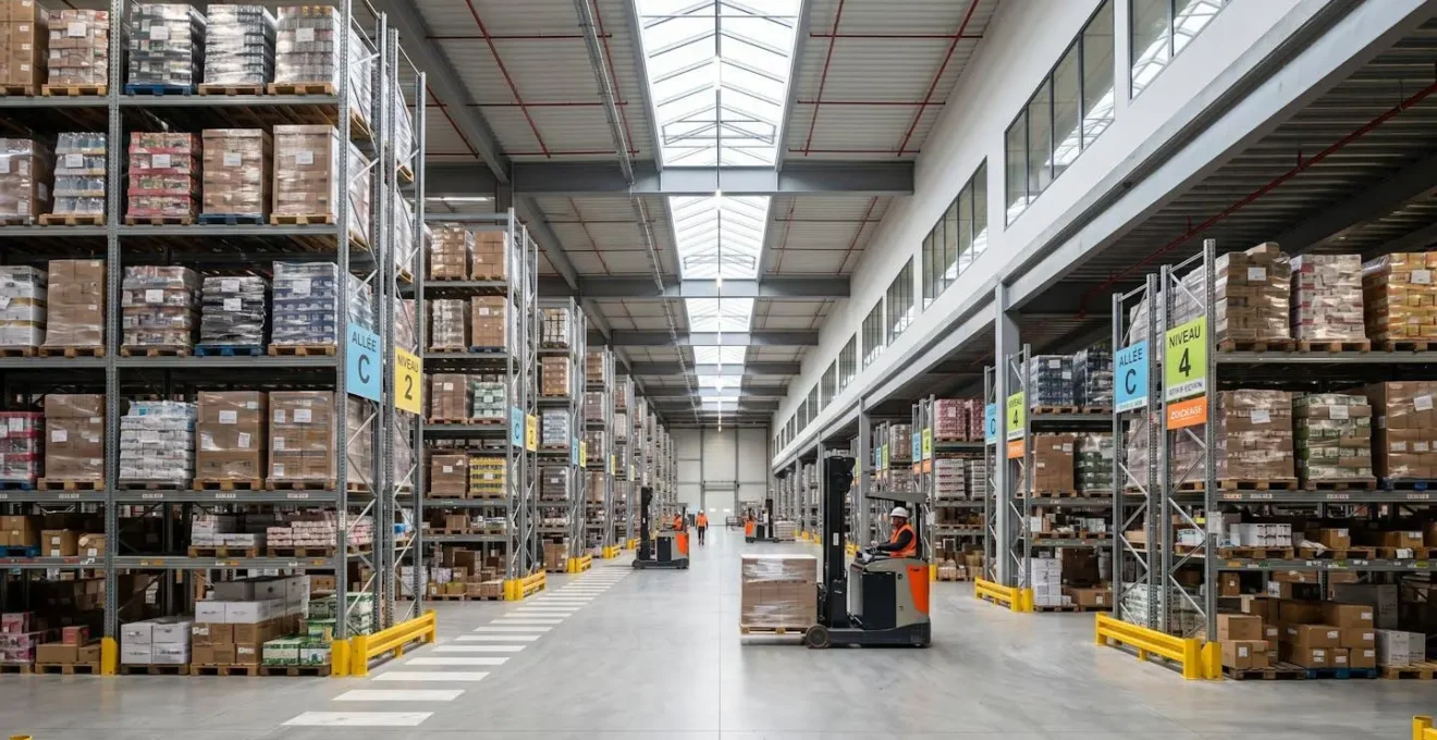 Vue d'ensemble d'un entrepôt logistique moderne avec plusieurs rangées de palettes chargées de cartons empilés sur six niveaux sous un éclairage naturel zénithal