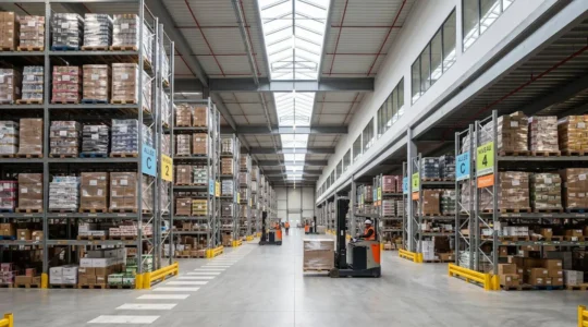 Vue d'ensemble d'un entrepôt logistique moderne avec plusieurs rangées de palettes chargées de cartons empilés sur six niveaux sous un éclairage naturel zénithal