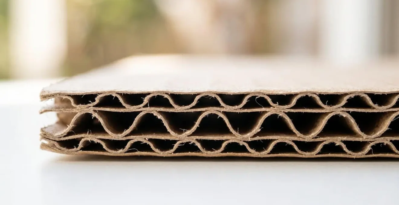 Gros plan rapproché sur la tranche d'un carton ondulé révélant la structure en vagues caractéristiques de la cannelure, avec un arrière-plan flouté mettant en valeur le relief du matériau