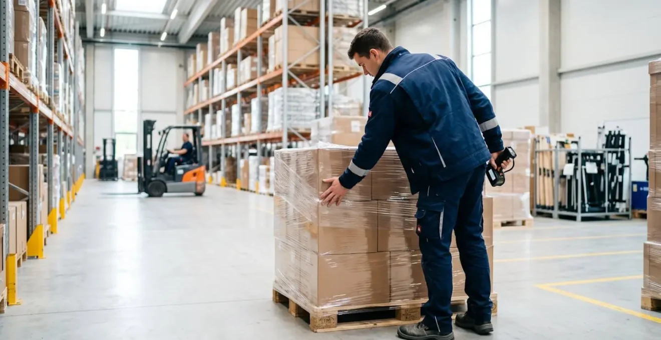 Opérateur logistique vu de dos inspectant la stabilité d'une palette de cartons empilés dans un entrepôt moderne éclairé naturellement