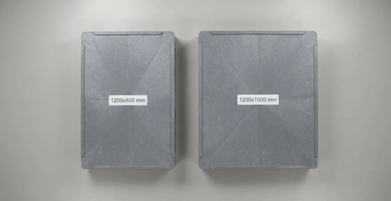 Vue comparative de différents formats de palettes plastique standards 1200x800 et 1200x1000