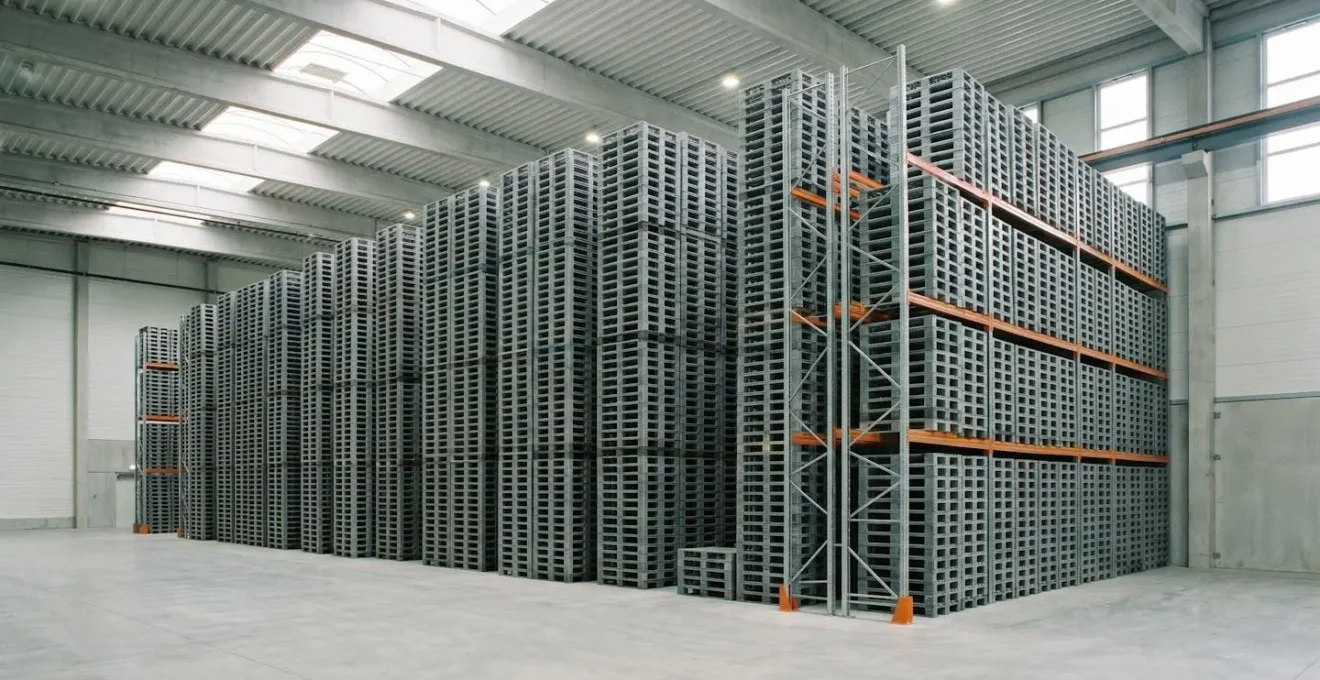 Palettes plastique recyclées empilées dans un entrepôt logistique moderne