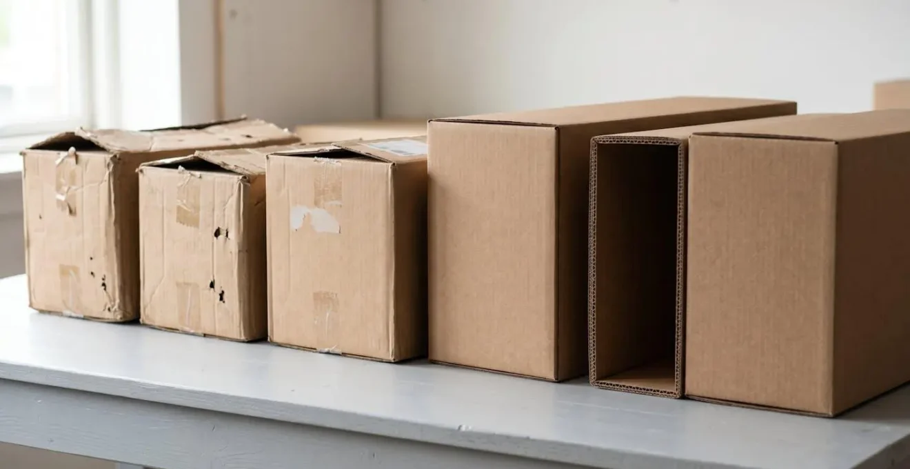 Comparaison entre cartons de récupération usagés et cartons neufs renforcés sur une table d'emballage avec matériel de protection