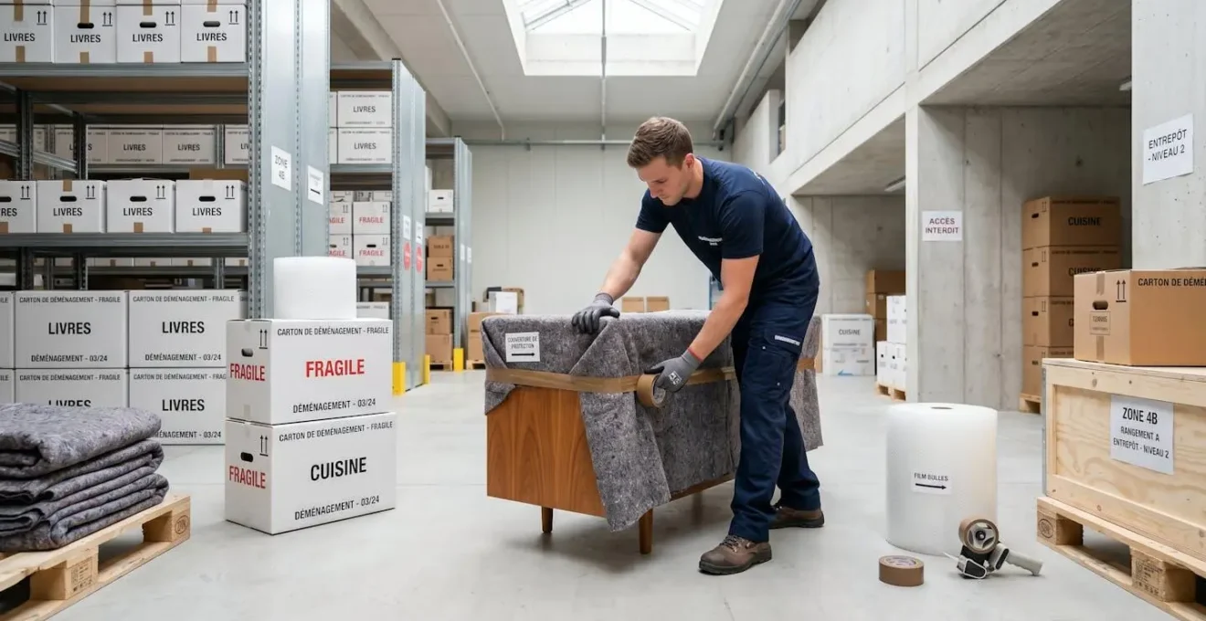 Déménageur professionnel emballant soigneusement des meubles avec du papier bulle et des couvertures dans un entrepôt de stockage moderne et lumineux