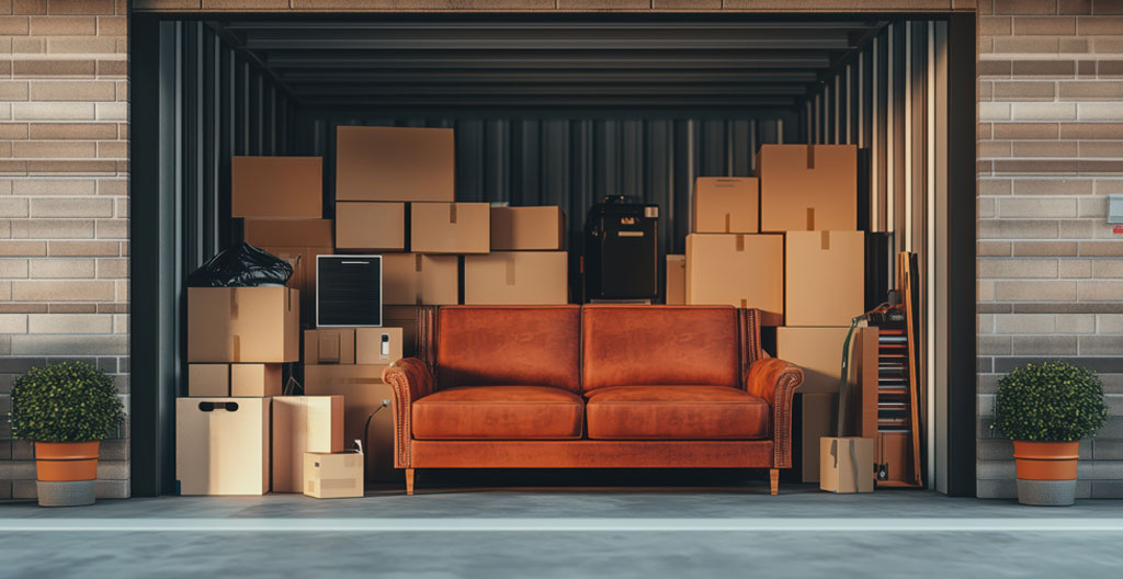 Intérieur d'un box de garde-meuble montrant un empilage correct avec meubles lourds en bas et cartons légers au-dessus