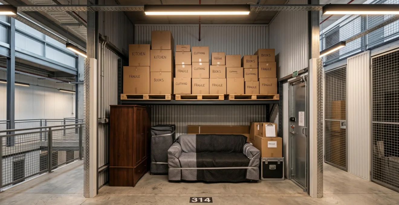 Intérieur d'un box de garde-meuble montrant un empilage correct avec meubles lourds en bas et cartons légers au-dessus