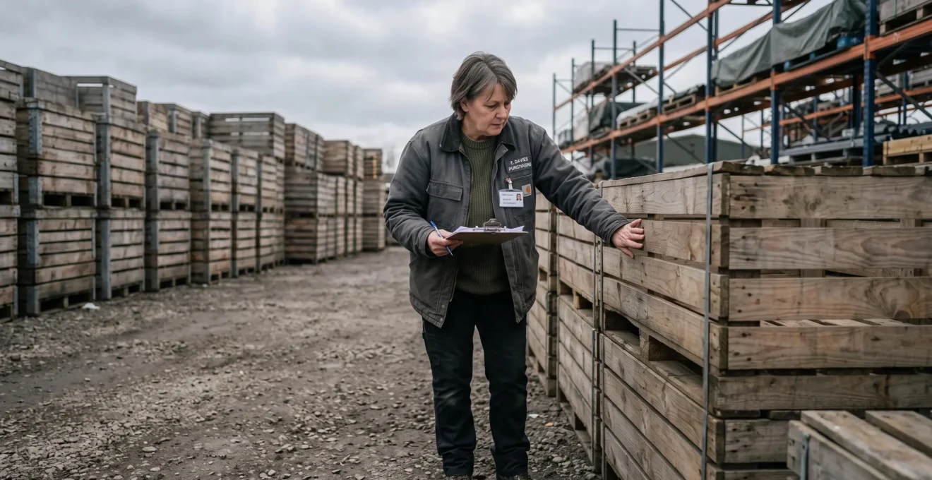 Un responsable logistique inspecte la qualité d'un palox chez un fournisseur.
