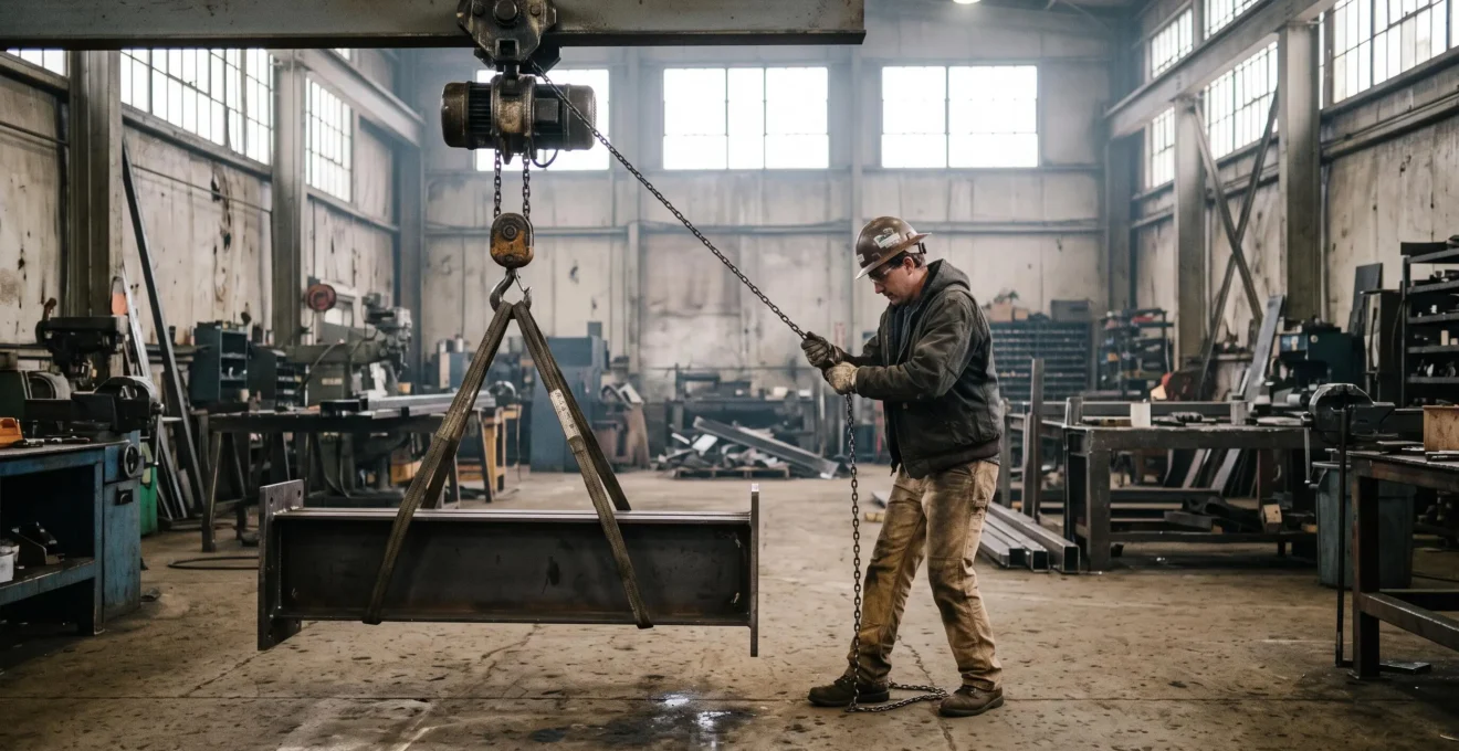 Un technicien manœuvre un palan à chaîne pour lever une pièce métallique dans un atelier.
