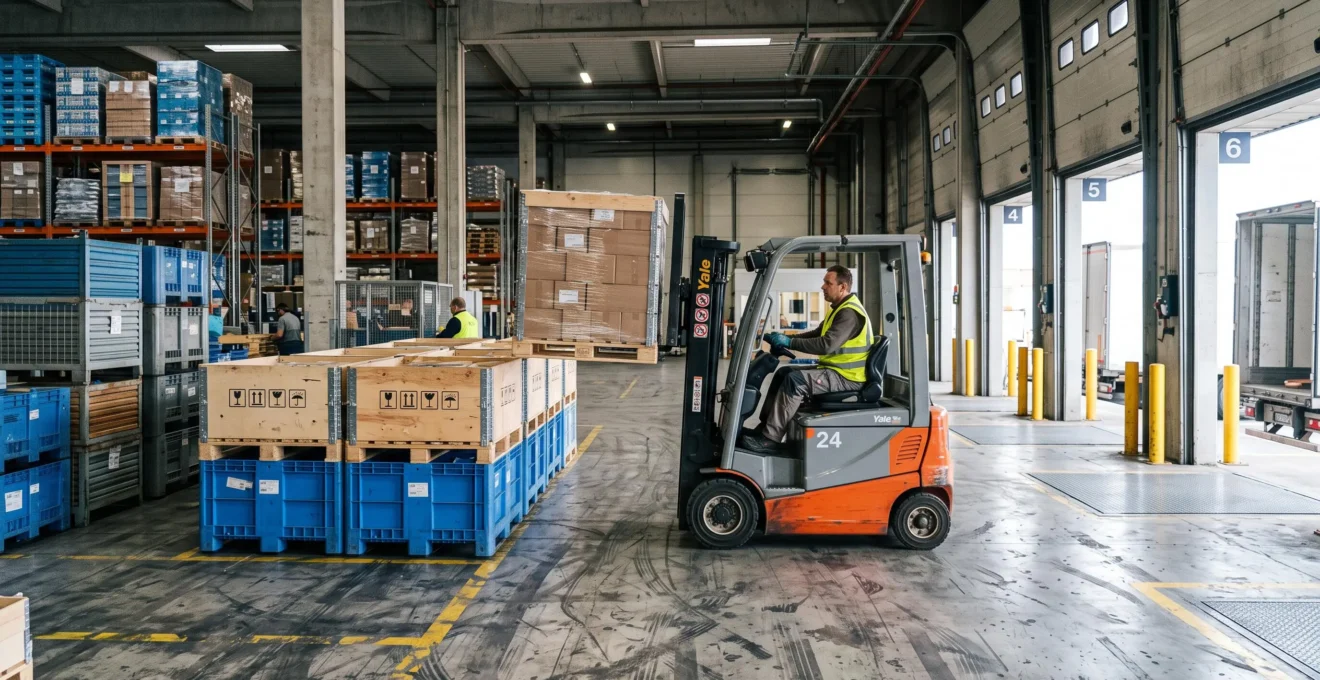 Un cariste empile des palox remplis de marchandises dans un entrepôt logistique.