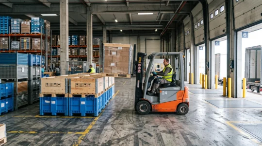 Un cariste empile des palox remplis de marchandises dans un entrepôt logistique.